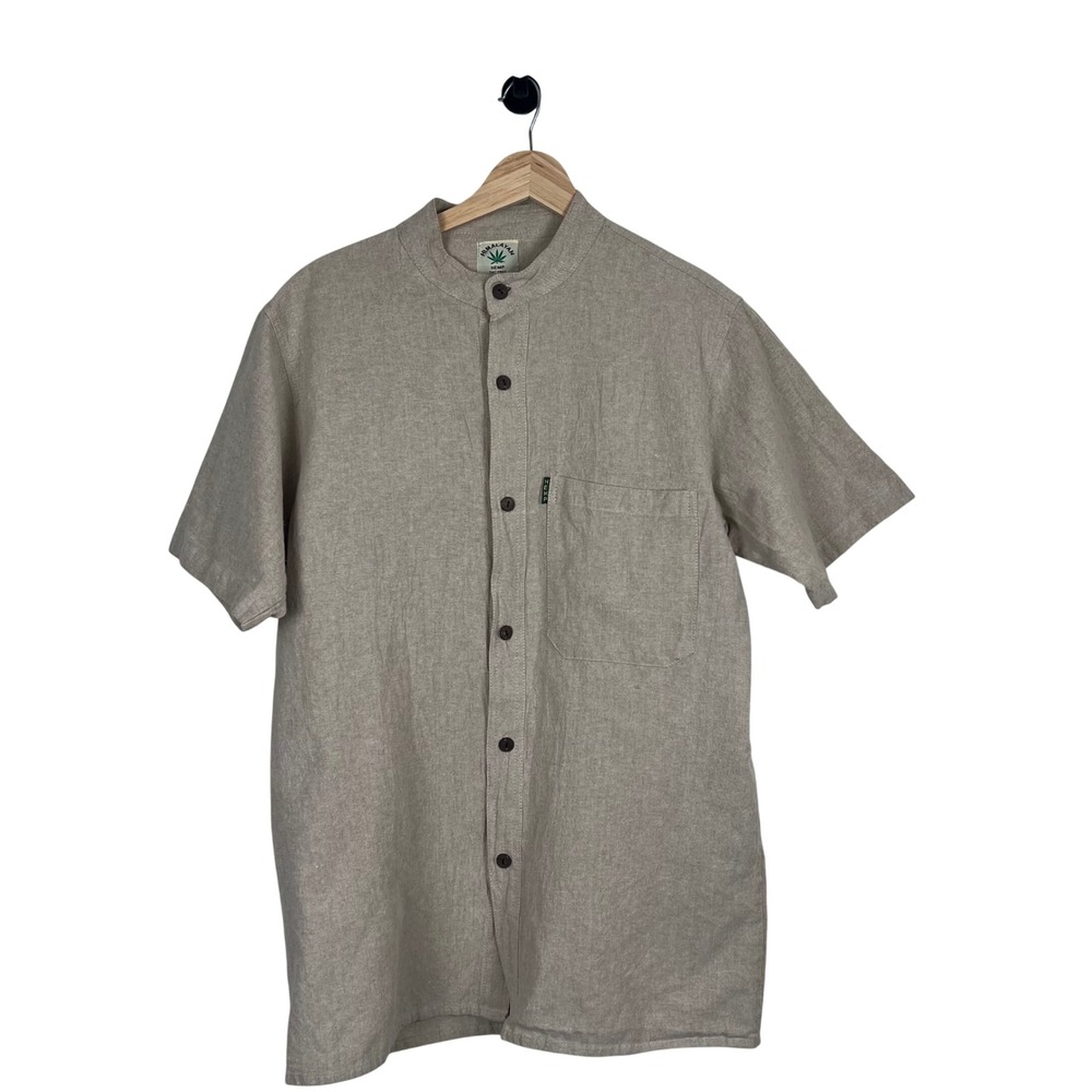 Himalayan Hemp Mens Short Sleeve Band Collar Button Down Shirt Beige Size M
